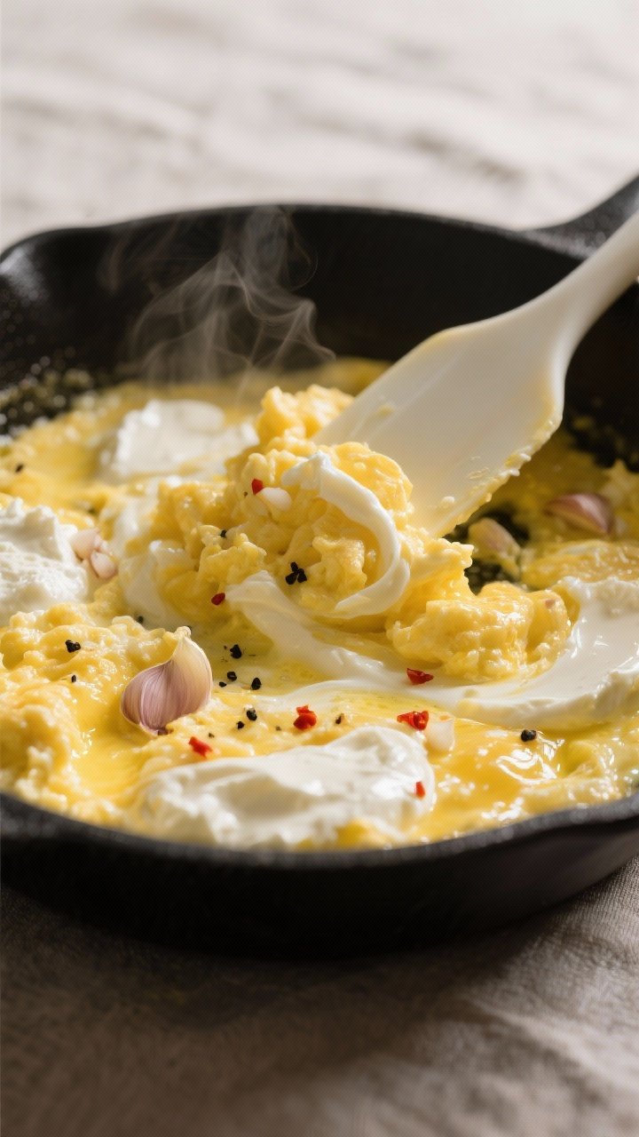 Close-up cooking process: Soft, custardy scrambled eggs gently curdling in a nonstick skillet over m