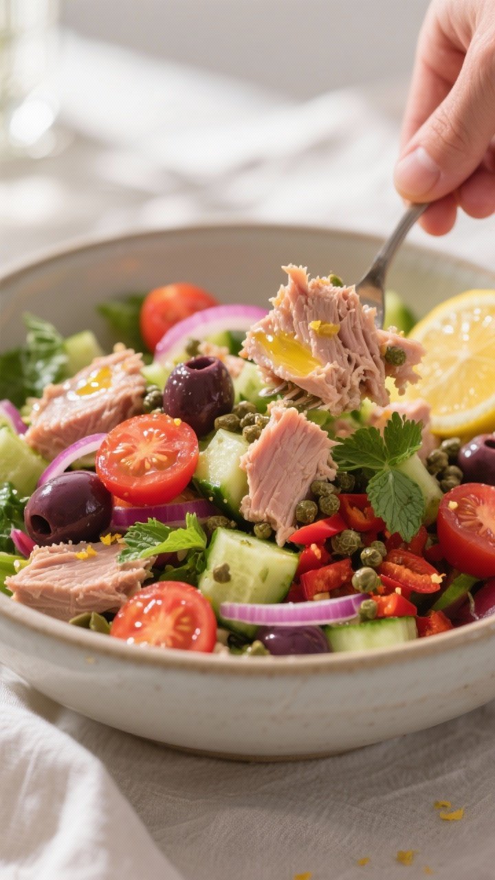 Close-up detail: A bowl of prepared Mediterranean tuna salad being gently tossed with a glossy lemon