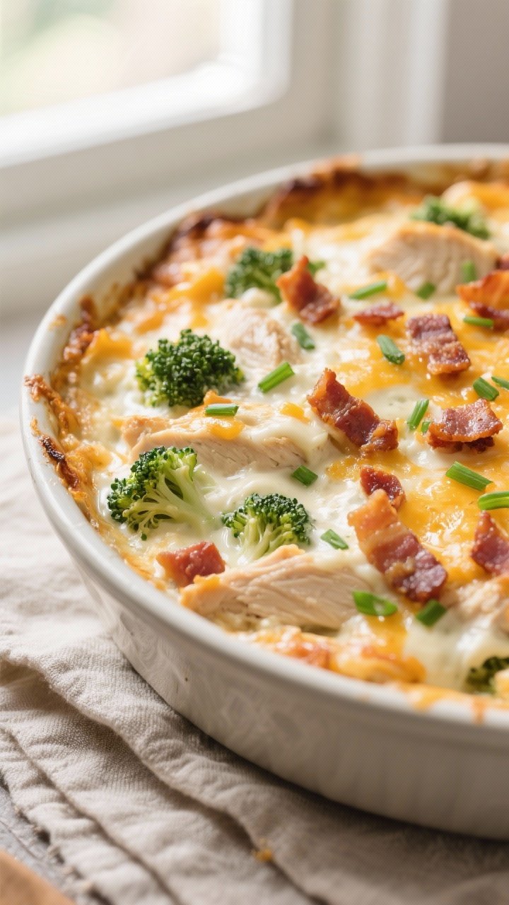 Close-up detail: A bubbling Keto Chicken Bacon Ranch Casserole just out of the oven, highlighting mo