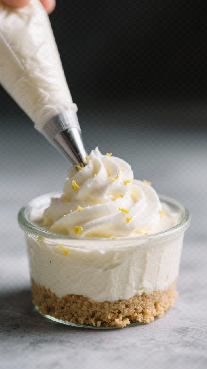 Close-up detail: A chilled no-bake keto cheesecake cup halfway filled, showing the almond flour “d