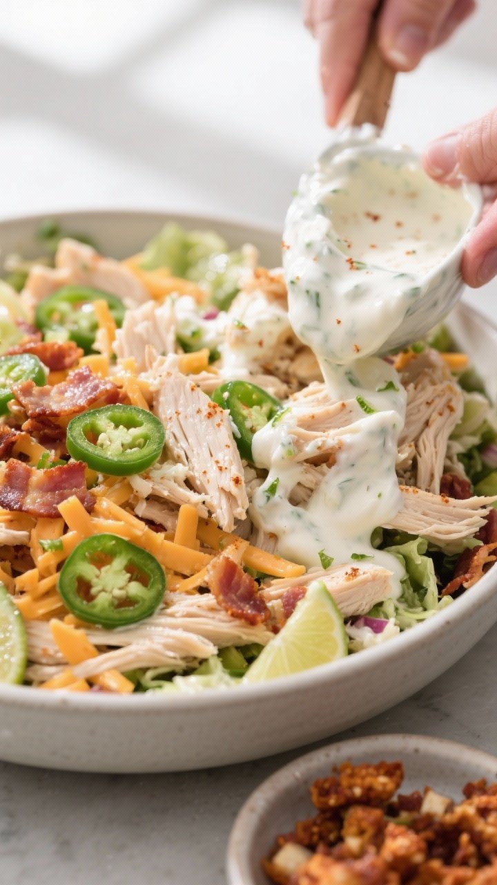 Close-up detail: A creamy jalapeño popper chicken salad being folded together in a large bowl, show