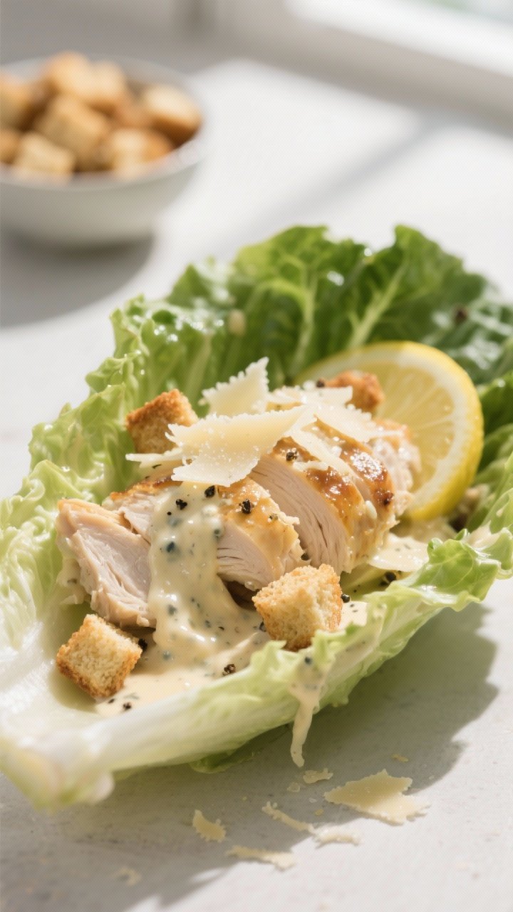 Close-up detail: A crisp romaine lettuce leaf cradling creamy Caesar-dressed shredded rotisserie chi
