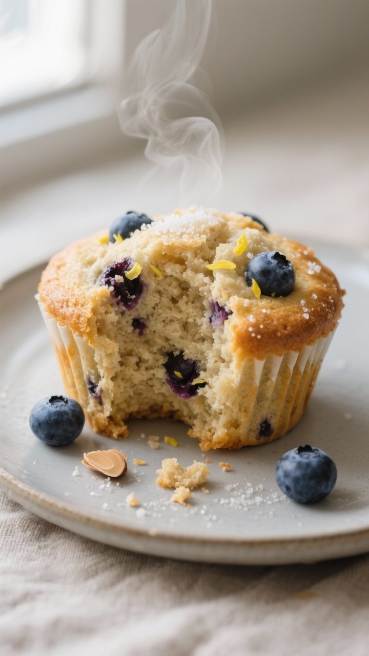 Close-up detail: A freshly baked keto blueberry muffin torn open to reveal a tender almond-flour cru