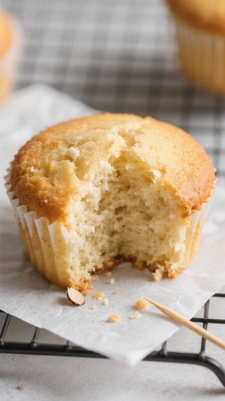 Close-up detail: A freshly baked keto vanilla cupcake split in half to reveal a tender, fluffy crumb