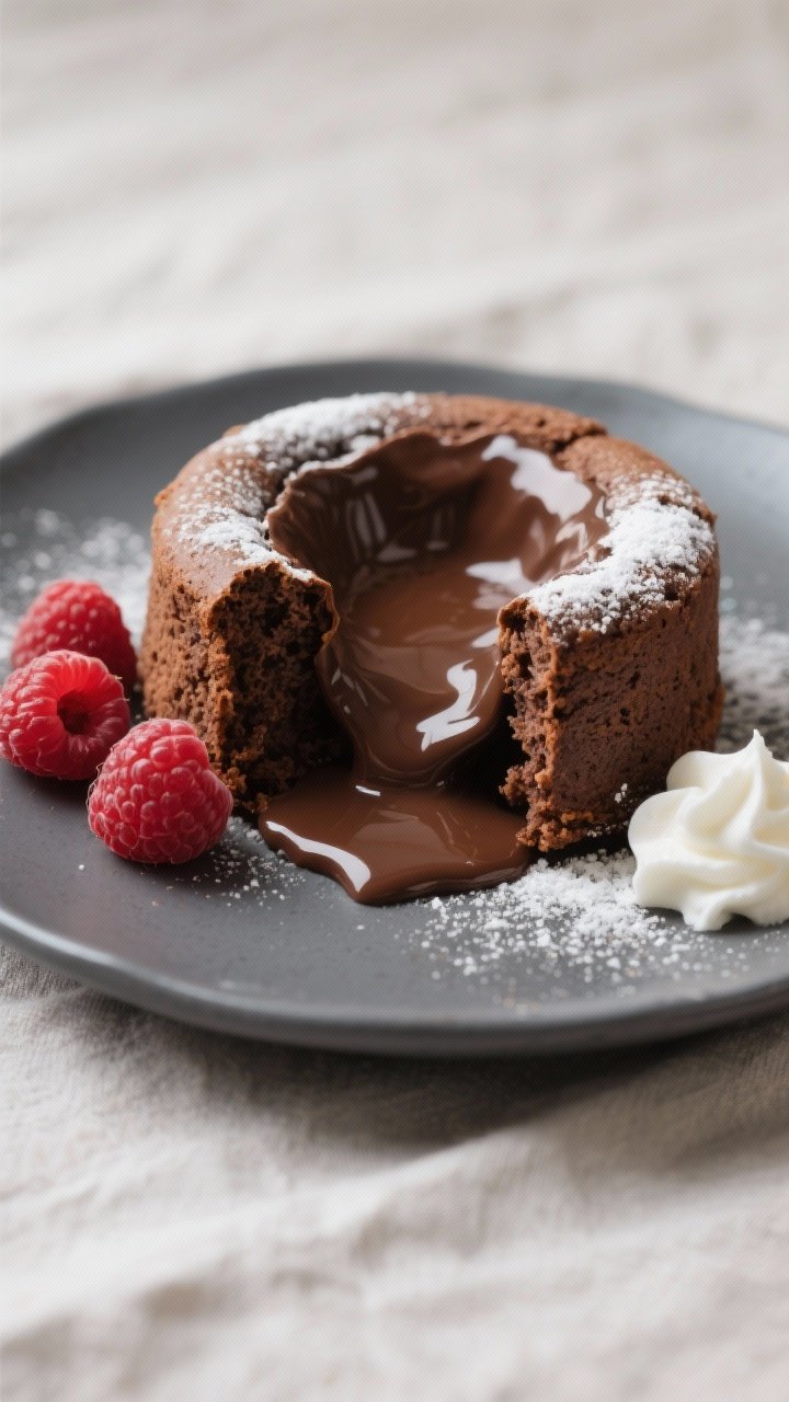 Close-up detail: A freshly unmolded keto chocolate lava cake split open, molten chocolate center flo