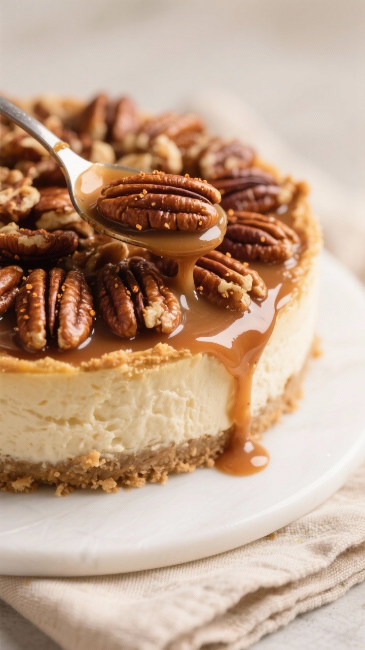 Close-up detail: A glossy pecan pie topping just spooned over a chilled keto cheesecake, showing toa