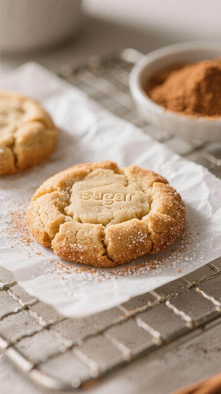 Close-up detail: A just-baked keto snickerdoodle cookie cooling on parchment, edges lightly golden w