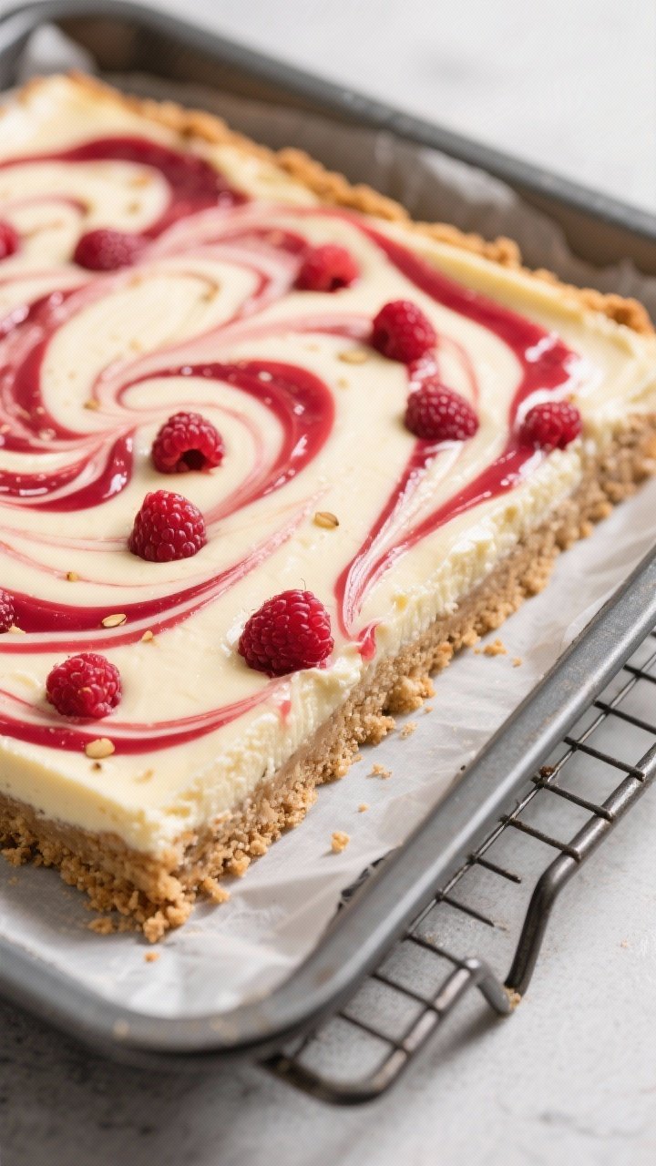 Close-up detail: A just-baked pan of Keto Raspberry Swirl Bars cooling on a wire rack, showing the c