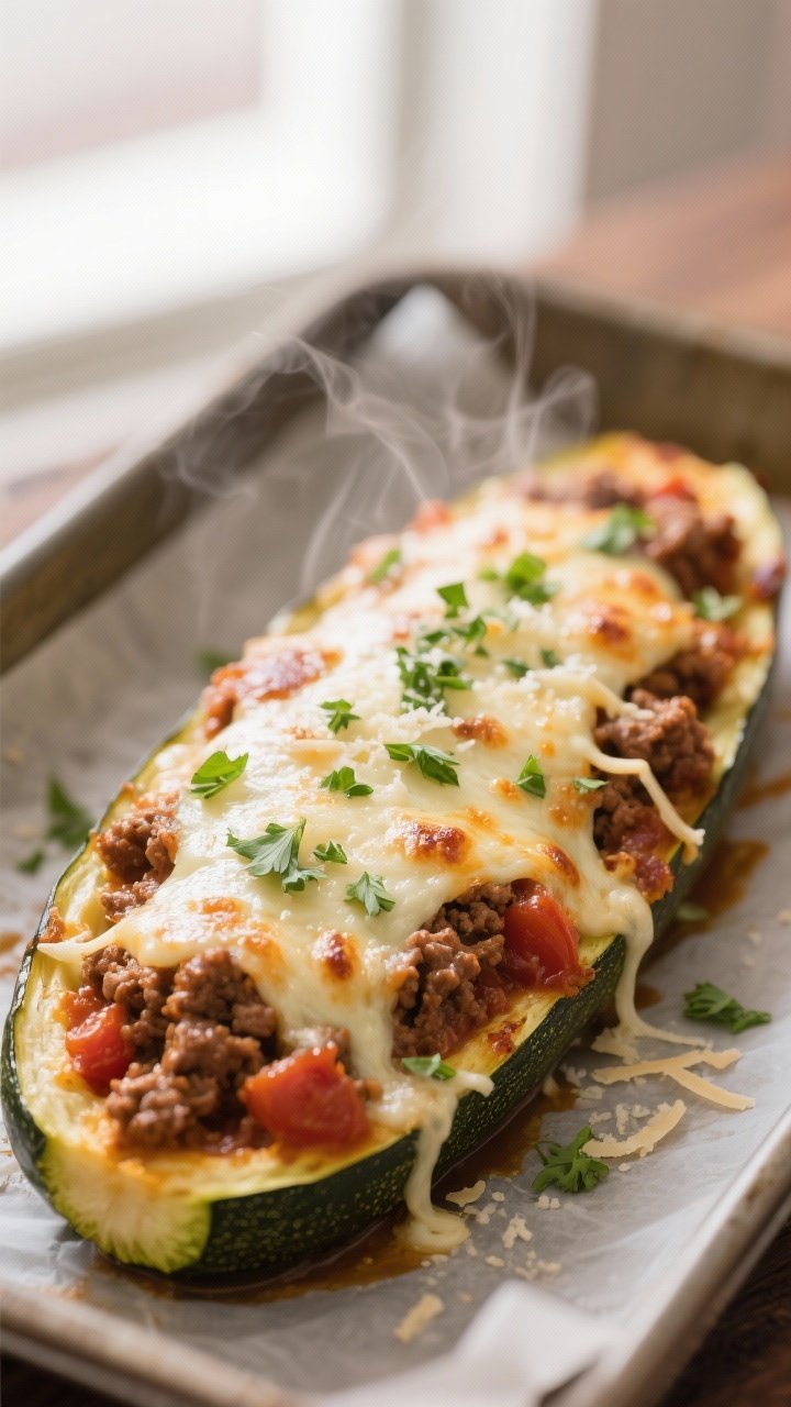 Close-up detail: A just-baked zucchini boat stuffed with rich ground beef-tomato filling, crowned wi