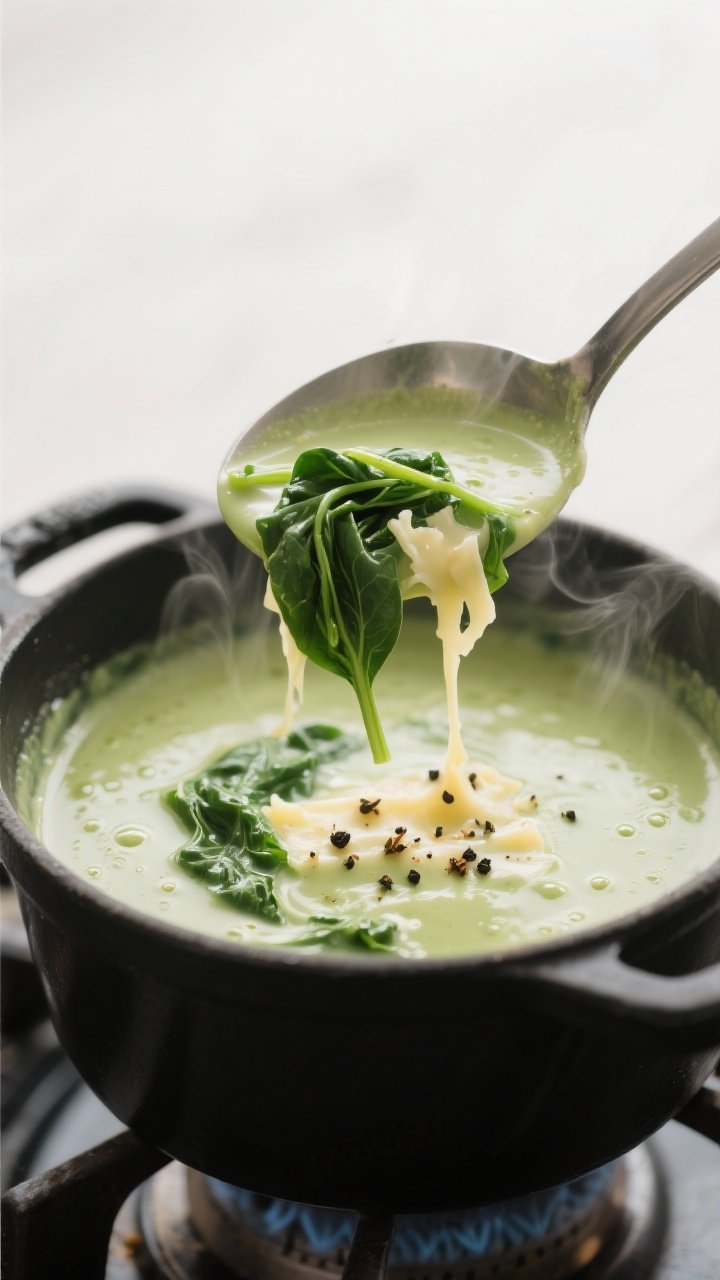 Close-up detail: A ladle lifting silky Keto Spinach and Cheese Soup from a matte black pot on the st