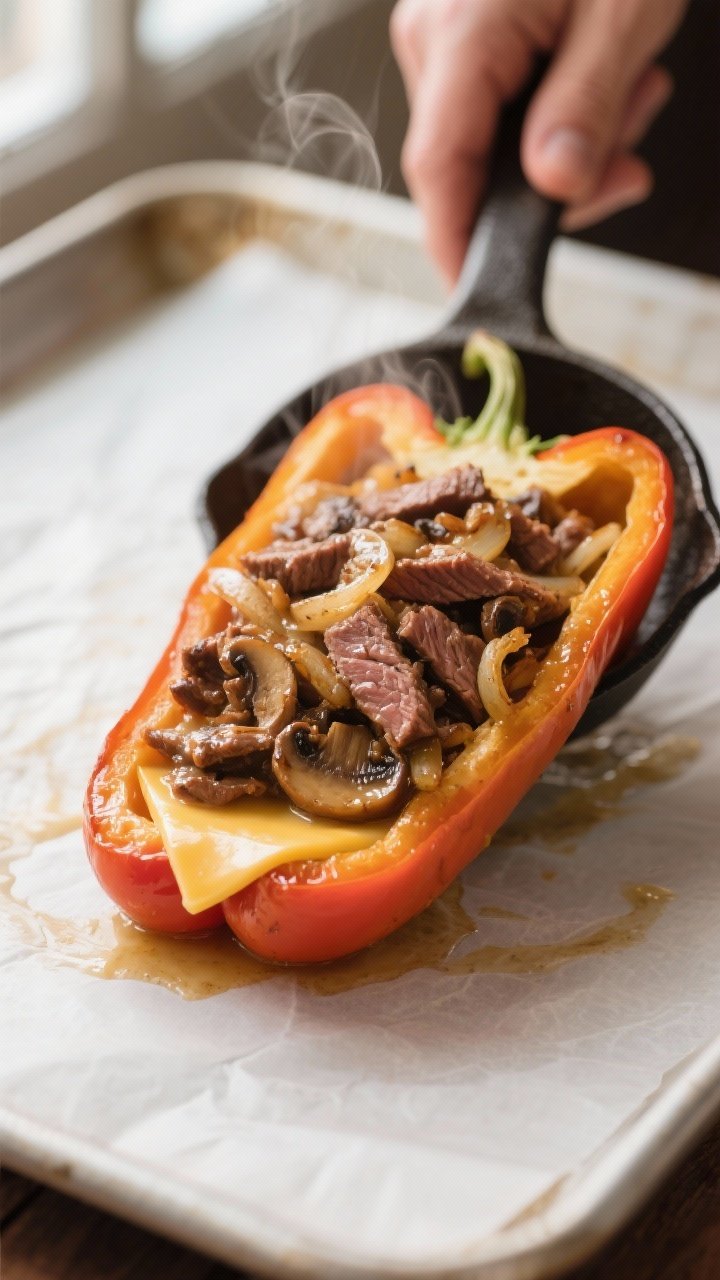 Close-up detail: A par-baked bell pepper half being filled with sizzling cheesesteak mixture in a sk