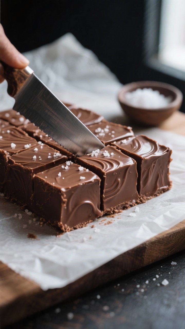 Close-up detail: A silky slab of keto chocolate fudge being sliced into clean squares on a parchment