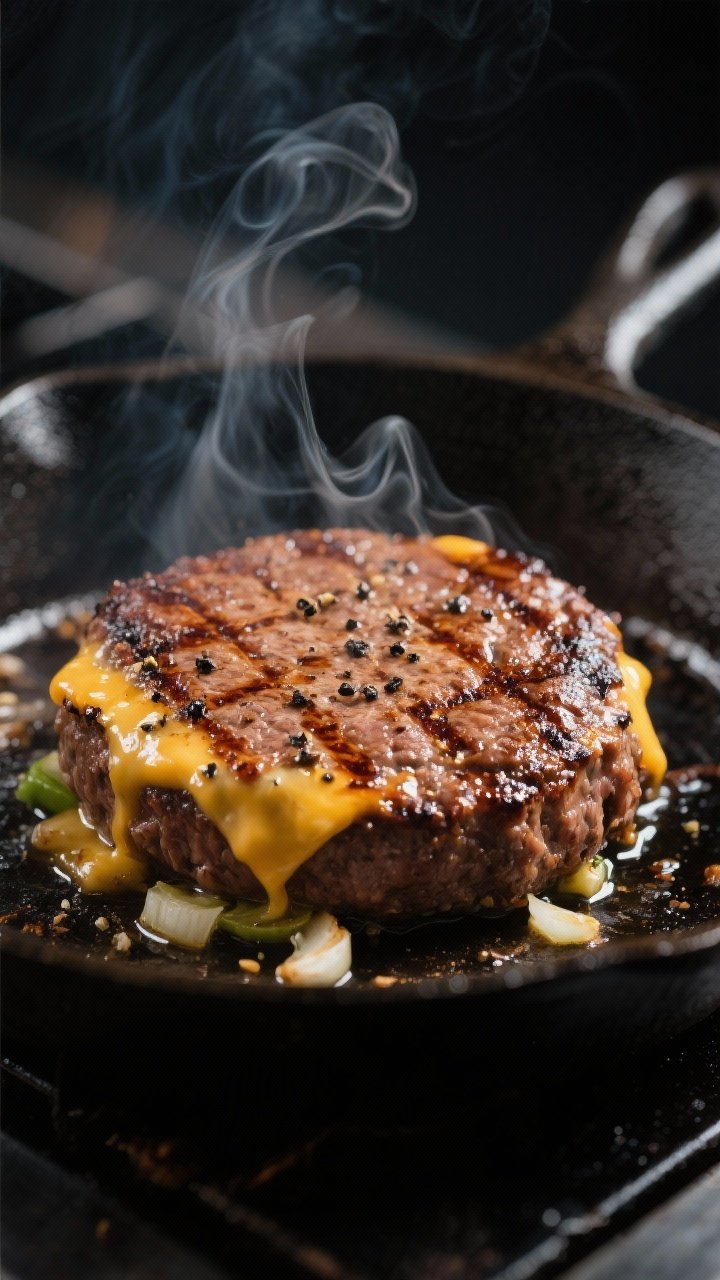 Close-up detail: A sizzling bunless beef patty (80/20) finishing on a cast-iron skillet, deep brown 