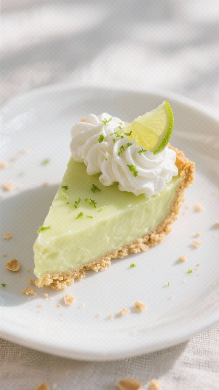 Close-up detail: A slice of keto key lime pie just after chilling, creamy lime filling with a slight