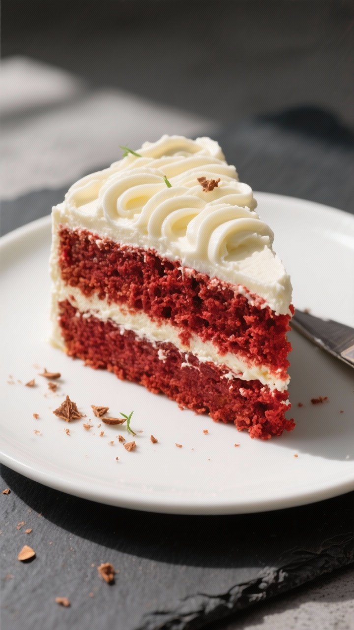 Close-up detail: A slice of keto red velvet layer cake just cut, showing a moist, super-soft almond-