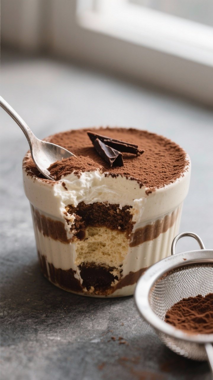 Close-up detail: A spoon cutting into a chilled Keto Tiramisu Cup, revealing distinct layers—almon