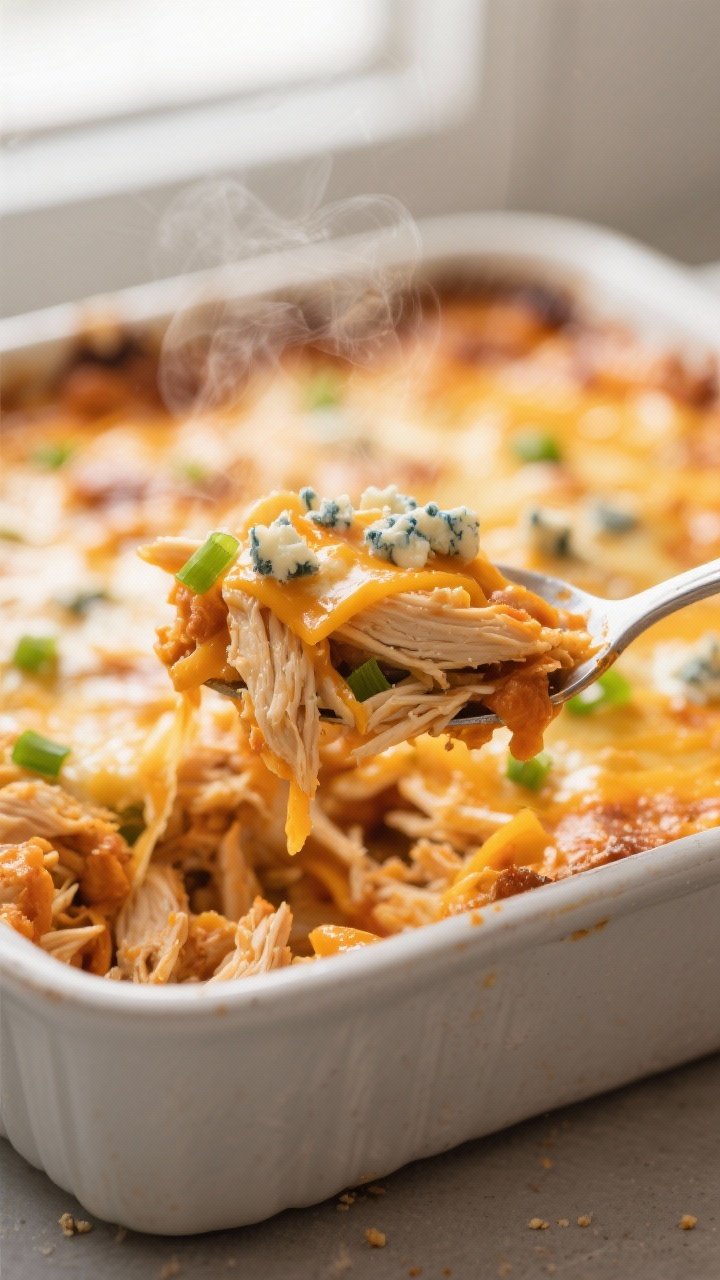 Close-up detail: A spoon scooping into a bubbling Keto Buffalo Chicken Casserole just out of the ove