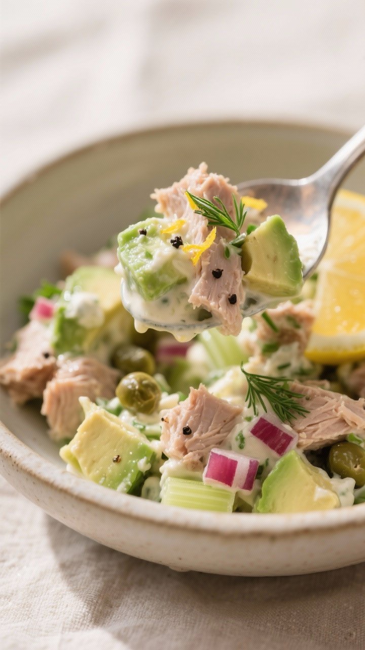 Close-up detail: A spoonful of creamy avocado tuna salad being gently folded in a bowl, showing dist
