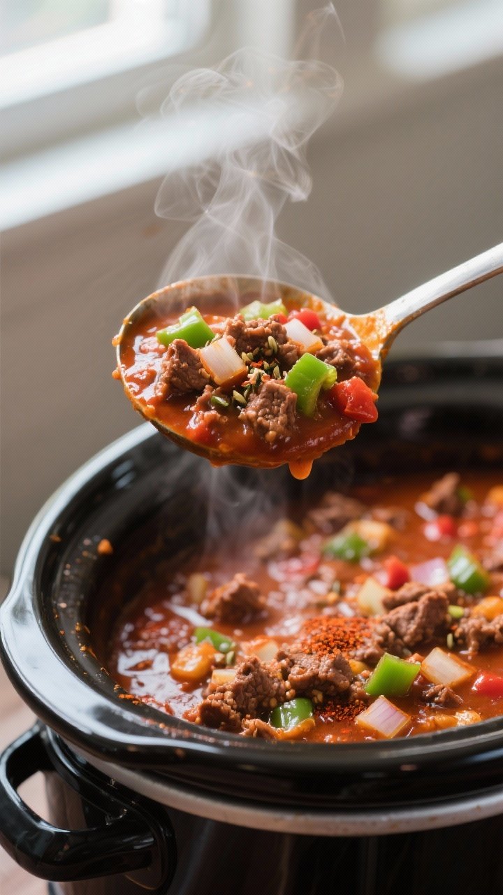 Close-up detail: A steaming ladle of low carb crockpot chili being lifted from the slow cooker, show