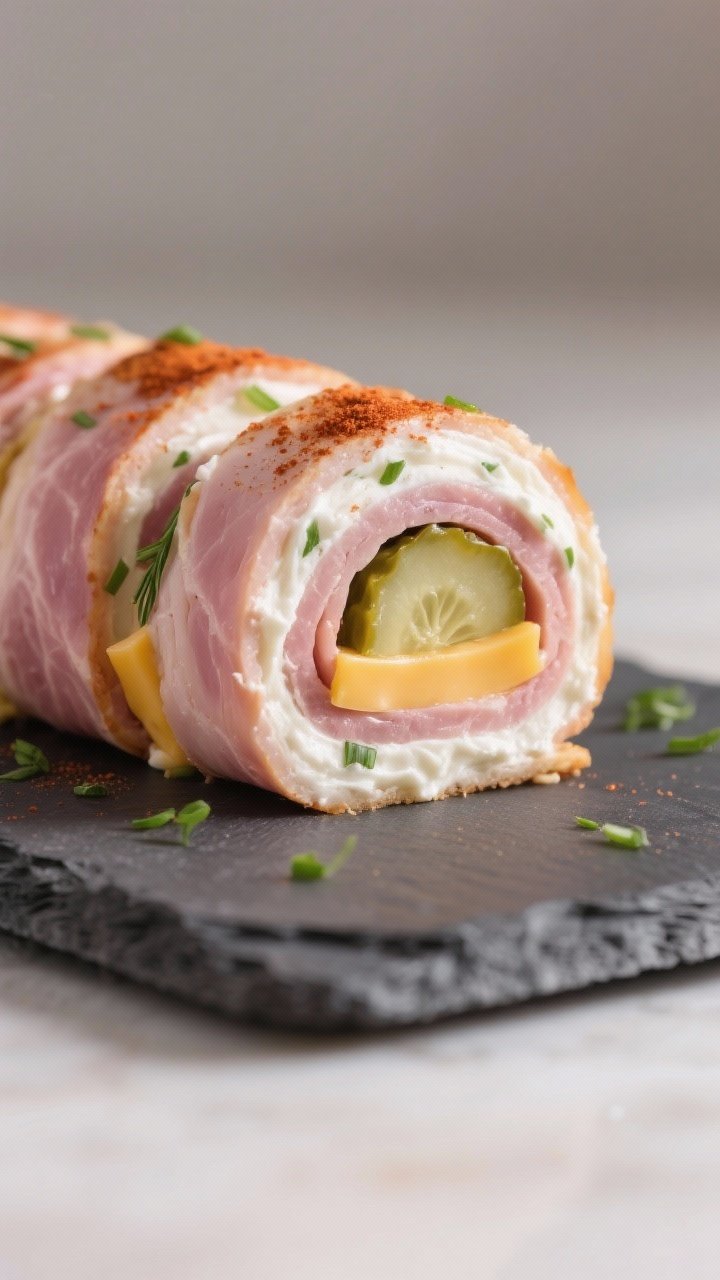 Close-up detail: A tight macro shot of a freshly rolled keto ham and cheese roll-up sliced into pinw
