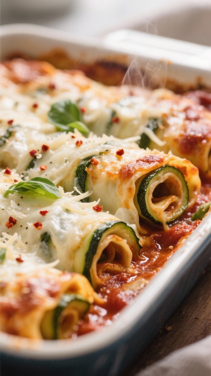 Close-up detail: A tight macro shot of freshly baked zucchini lasagna roll-ups nestled in a 9x13 bak