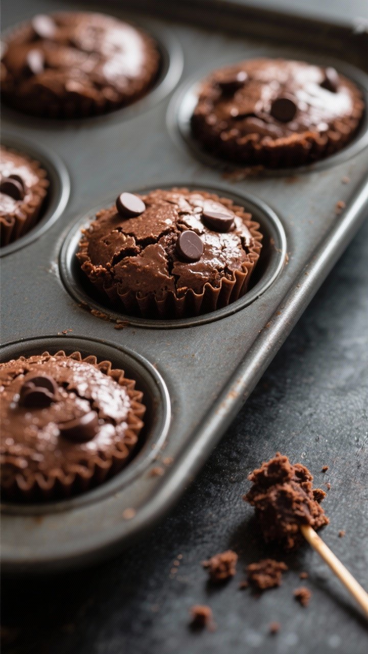 Close-up detail: A tray of freshly baked keto brownie bites still in the mini muffin pan, edges set 