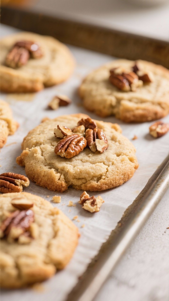 Close-up detail: A tray of freshly baked keto maple pecan cookies just out of the oven, edges lightl