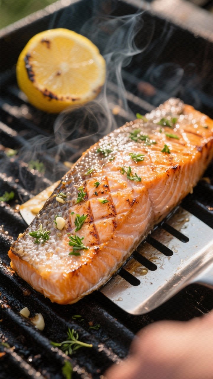 Close-up detail and cooking process: Skin-on salmon fillet on a hot outdoor grill, angled to the gra