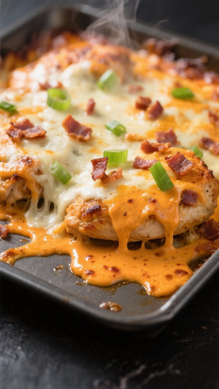 Close-up detail: Bubbling Buffalo Ranch Keto Chicken Bake just pulled from the oven, molten mozzarel