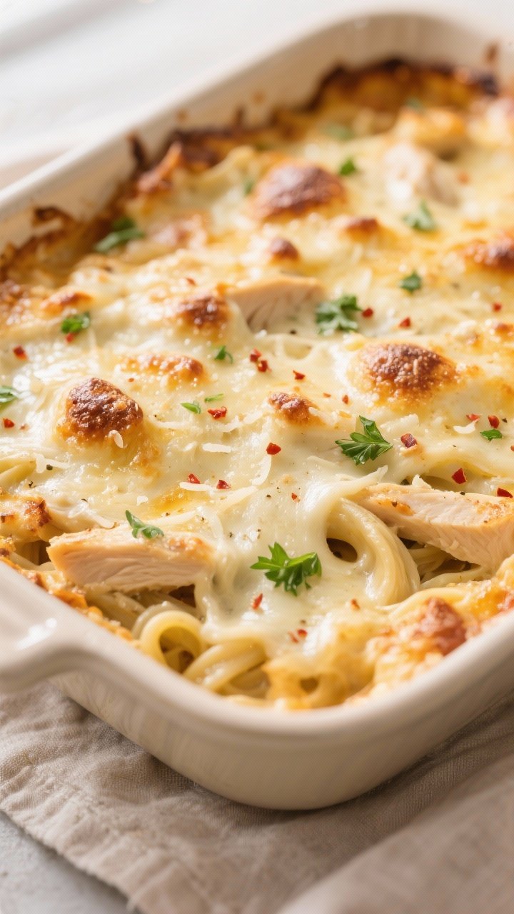 Close-up detail: Bubbly, golden-brown Low-Carb Chicken Alfredo Bake just out of the oven, showing st