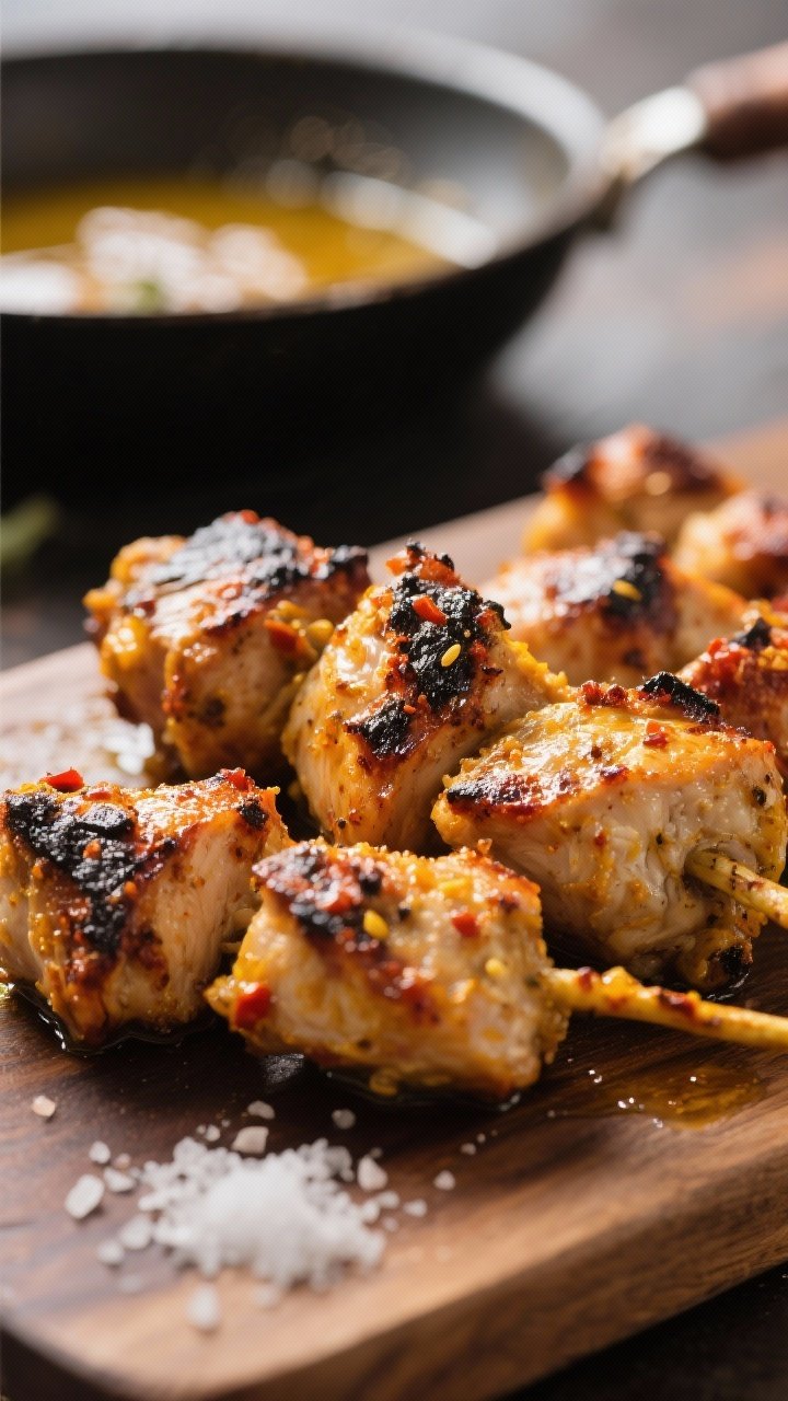 Close-up detail: Charred, marinated chicken tikka pieces just off the skillet, lightly caramelized e
