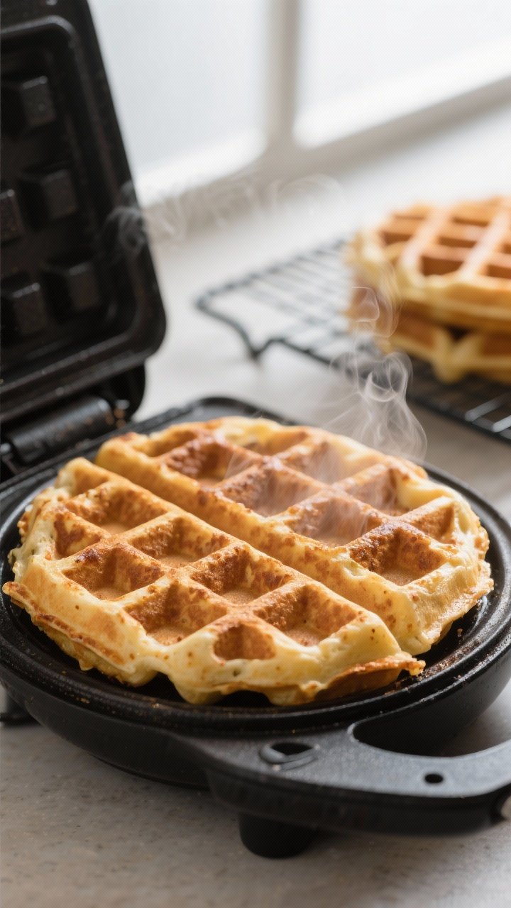 Close-up detail, cooking process: A golden, just-finished protein waffle still in an open waffle iro