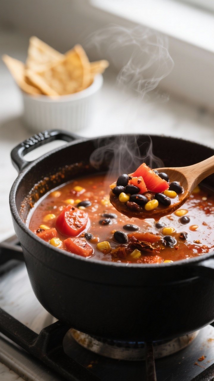 Close-up detail, cooking process: A simmering pot of vegan tortilla soup in a matte black Dutch oven
