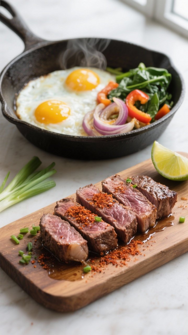 Close-up detail, cooking process: Sliced medium-rare sirloin resting on a wooden board beside a cast
