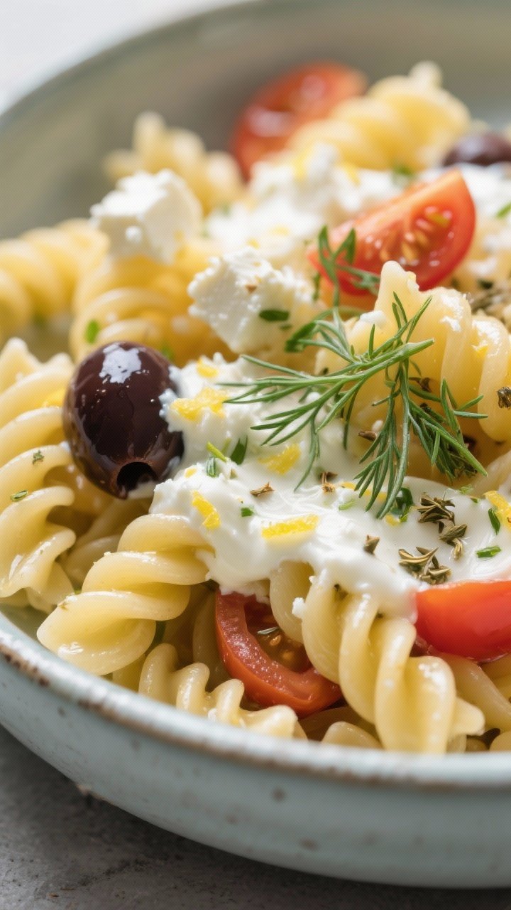Close-up detail: Creamy Greek yogurt dressing clinging to al dente rotini with flecks of lemon zest,