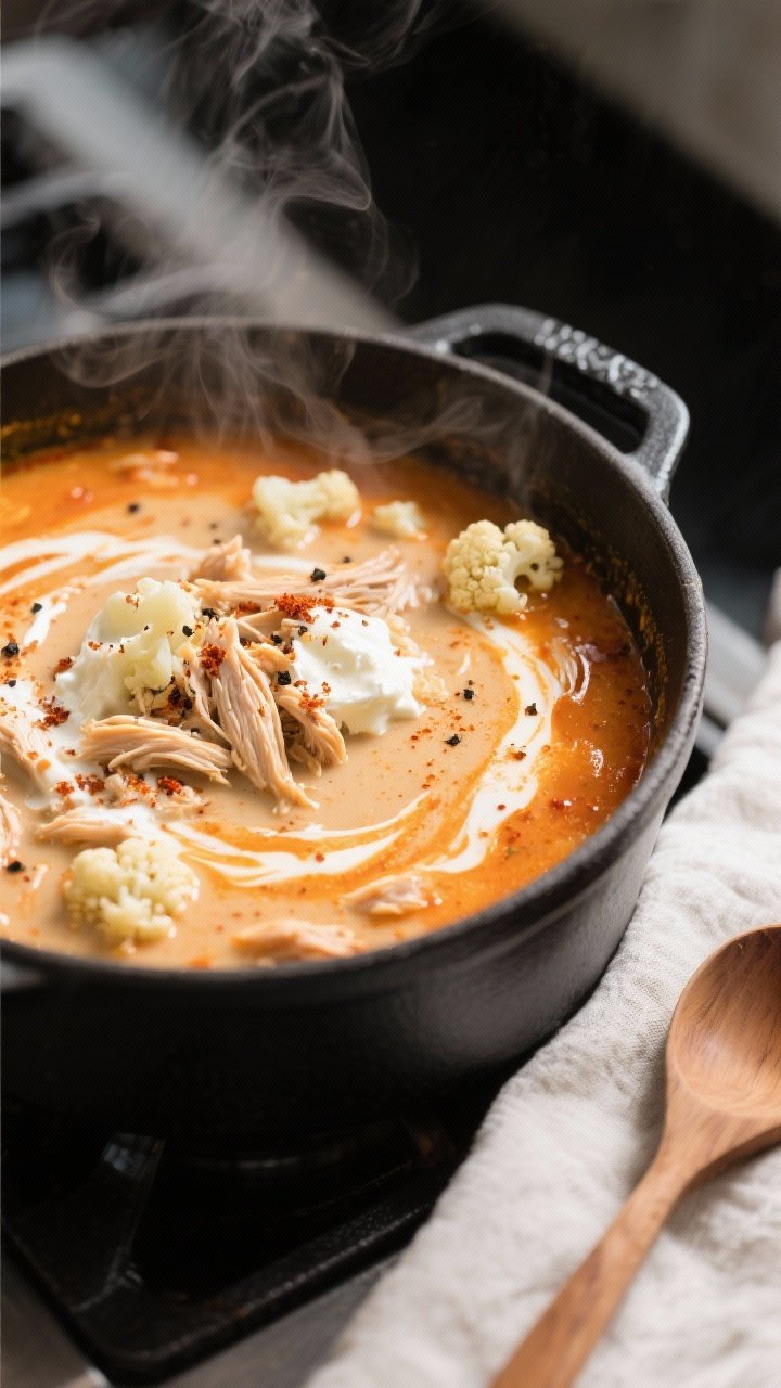Close-up detail: Creamy Keto Buffalo Chicken Soup simmering in a matte black Dutch oven, showing ten