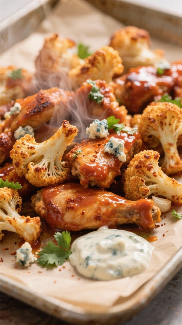 Close-up detail: Crispy roasted Buffalo cauliflower and chicken just tossed in glossy Buffalo sauce,