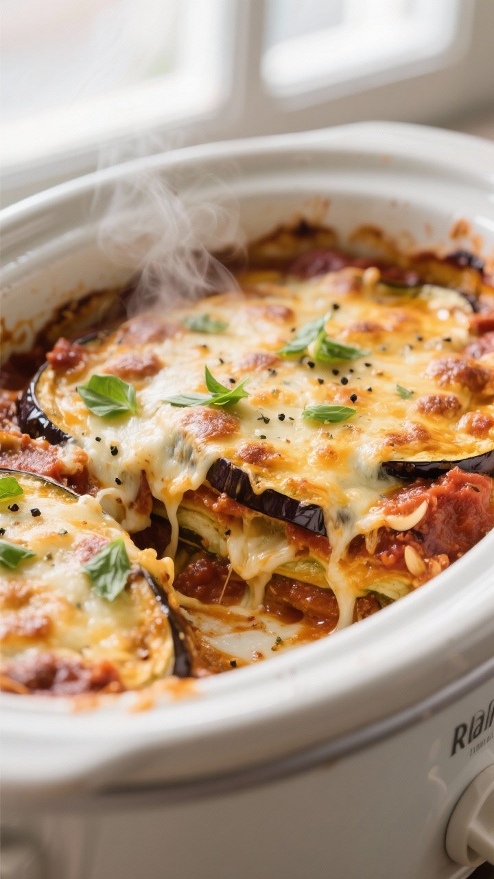 Close-up detail: Crockpot eggplant Parmesan just finished cooking, cheese melted into a bubbly, gold