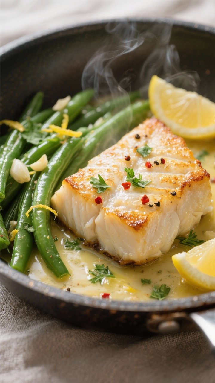 Close-up detail: Flaky seared cod fillet just returned to the skillet, glistening with glossy lemon-