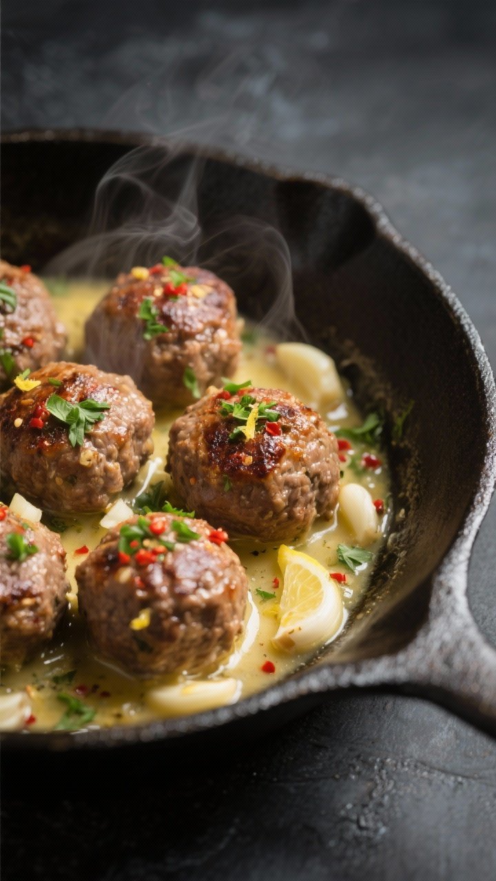 Close-up detail: Garlic butter keto meatballs finishing in the skillet, browned crusts glistening as