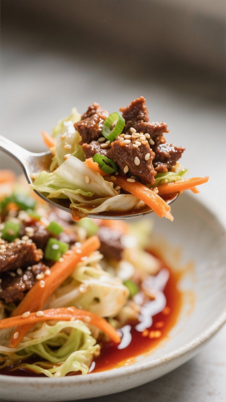 Close-up detail, garnish and texture: Extreme close-up of a spoonful of the final dish lifted just a