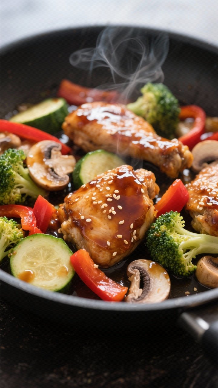 Close-up detail: Glazed keto teriyaki chicken thigh pieces tossed with crisp-tender broccoli, red be