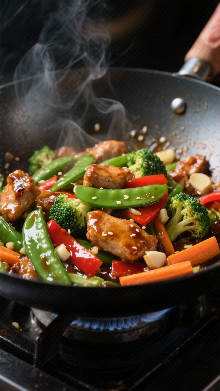Close-up detail: Glossy chicken and vibrant vegetables sizzling in a carbon steel wok during the “