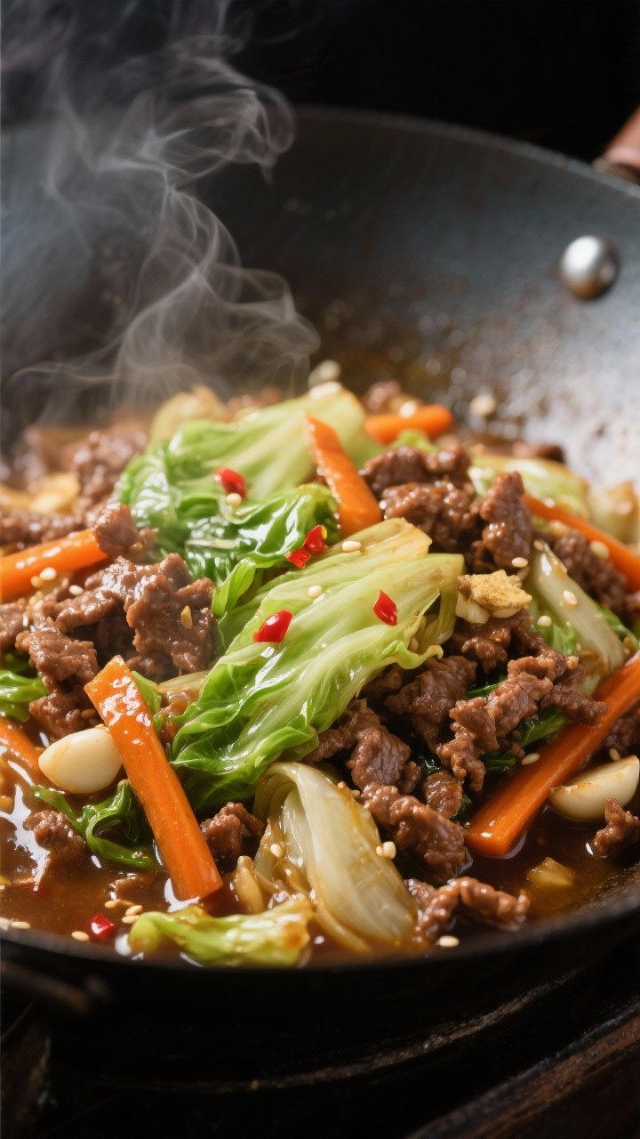 Close-up detail: Glossy ground beef and cabbage stir fry sizzling in a wok, sauce just added and tur