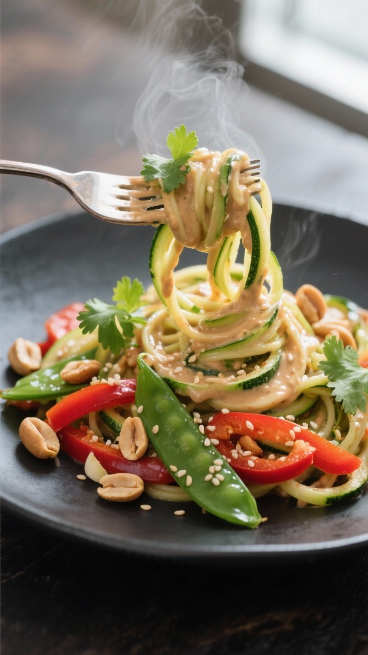 Close-up detail: Glossy zucchini noodles twirled on a fork, coated in creamy peanut-lime peanut sauc