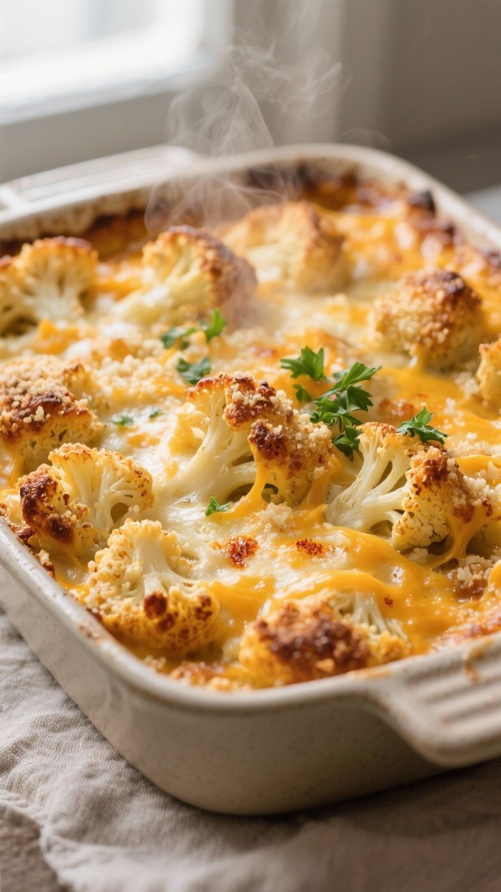 Close-up detail: Golden, bubbling cheesy cauliflower casserole just out of the oven, surface speckle