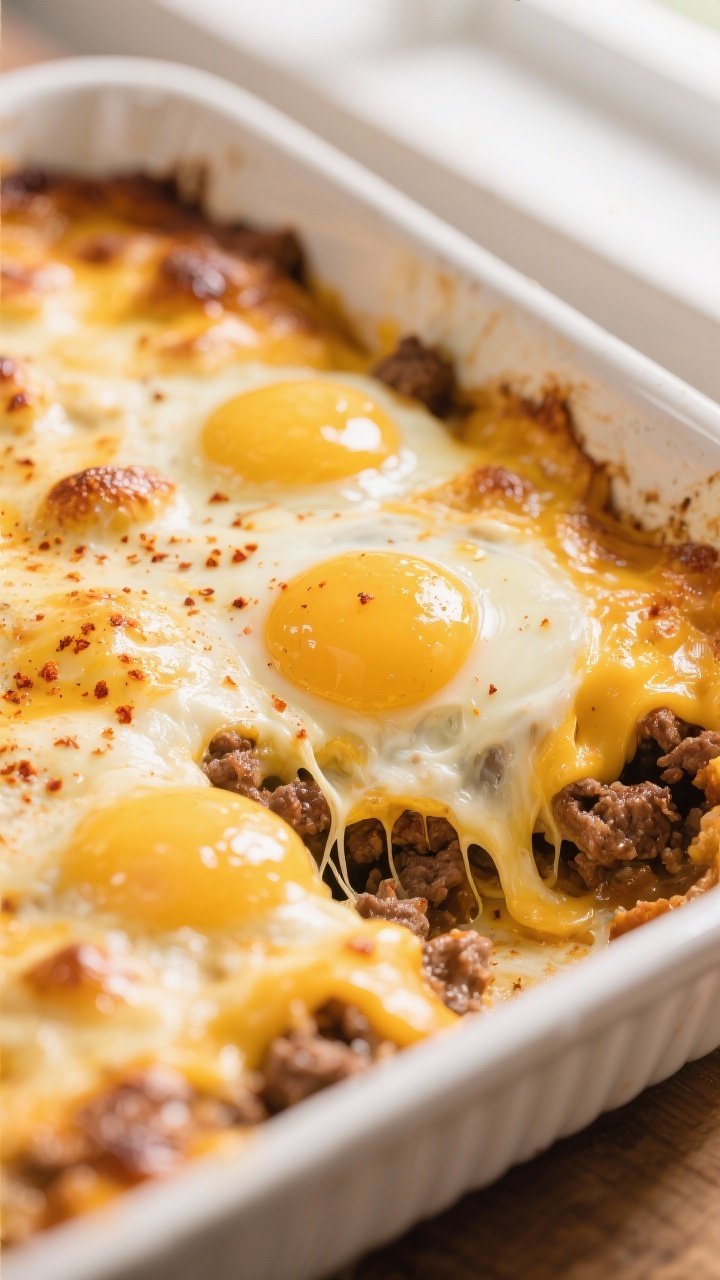 Close-up detail: Golden, bubbling keto cheeseburger casserole just out of the oven, melted cheddar f