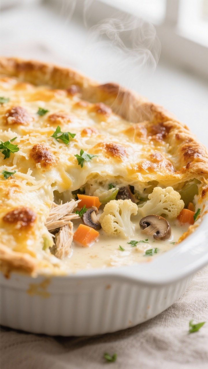 Close-up detail: Golden, bubbly crustless keto chicken pot pie just out of the oven, showing melted 