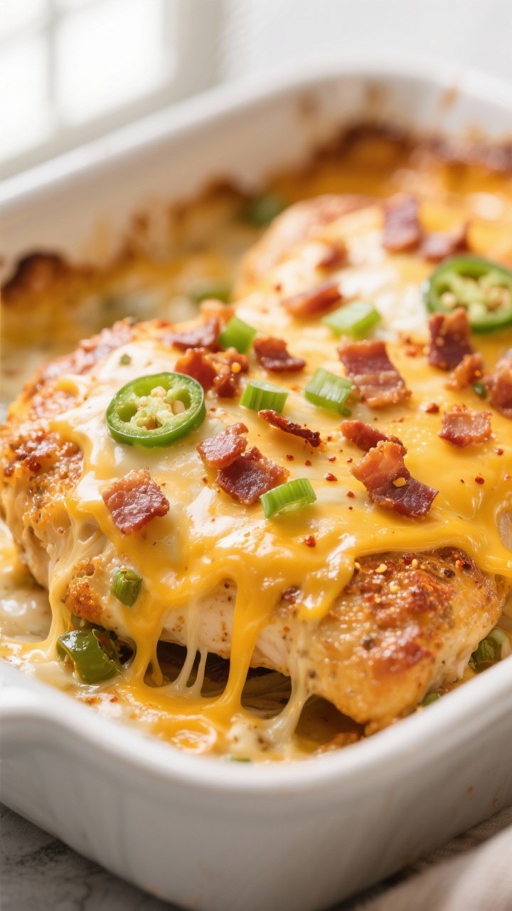 Close-up detail: Golden-bubbly jalapeño popper keto chicken just out of the oven, showing melted ch