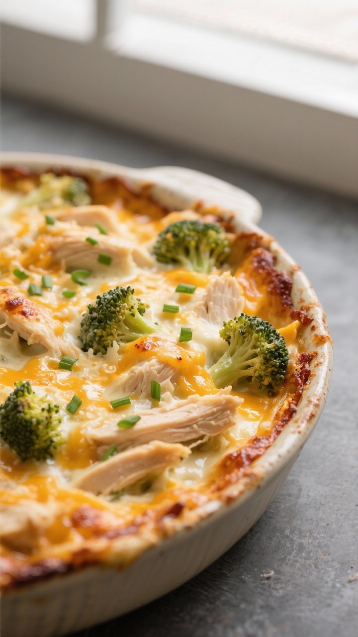 Close-up detail: Golden, bubbly keto chicken broccoli casserole just out of the oven, edges sizzling